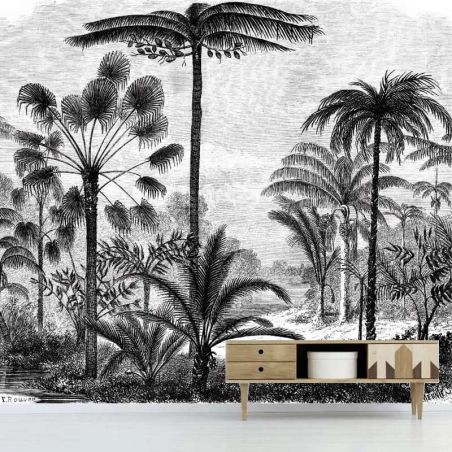 Papier peint panoramique jungle style gravure en noir et blanc