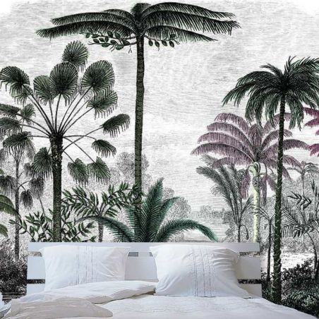 Papier peint tete de lit paysage palmier style gravure