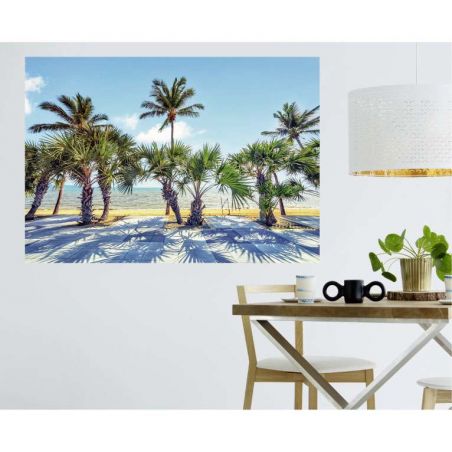 Póster de playa tropical con palmeras