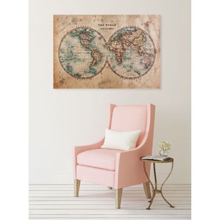 Poster panoramique vintage carte du monde en deux hémisphères